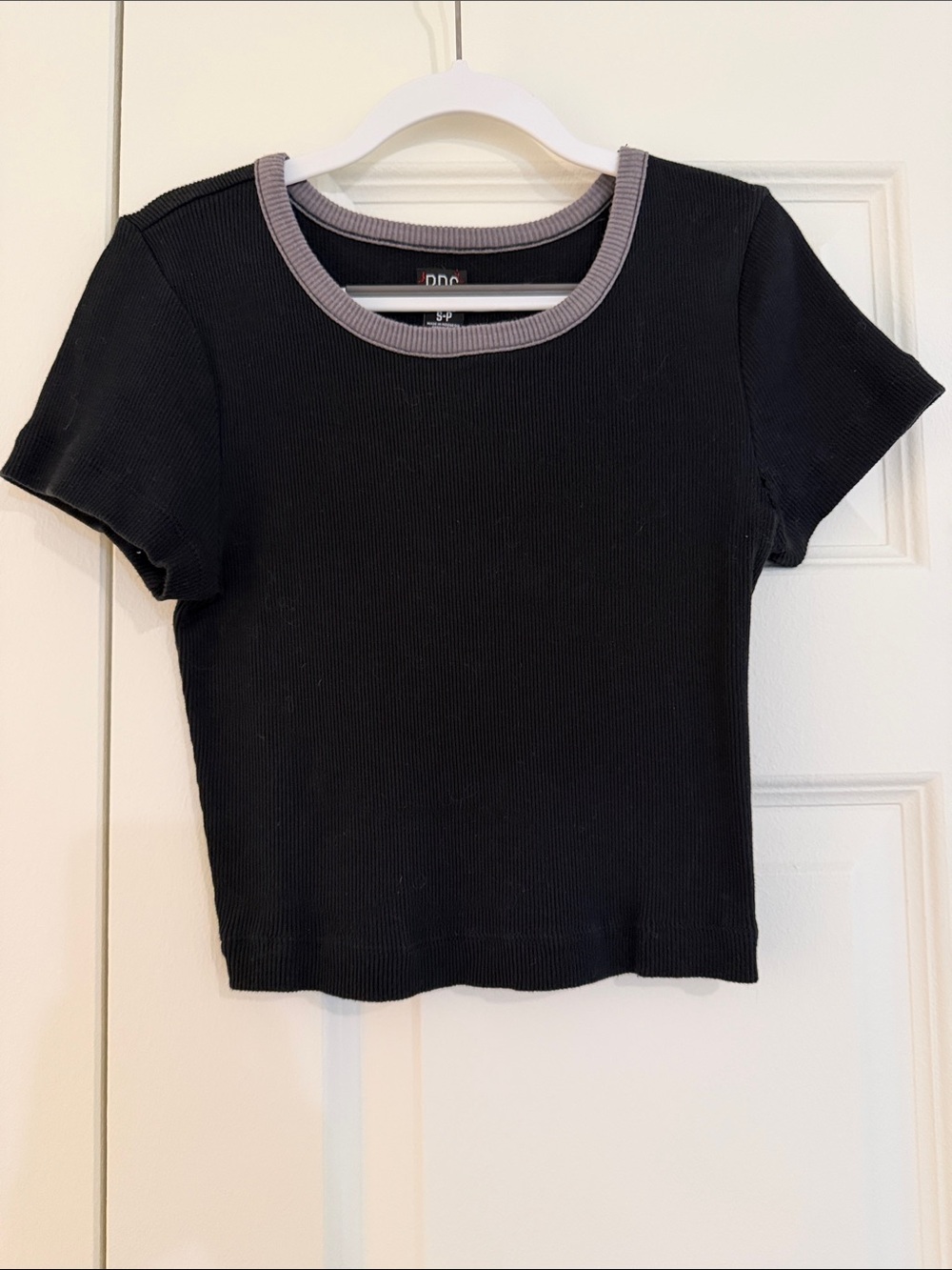 BDG Black Ribbed Crop Tee with Gray Trim